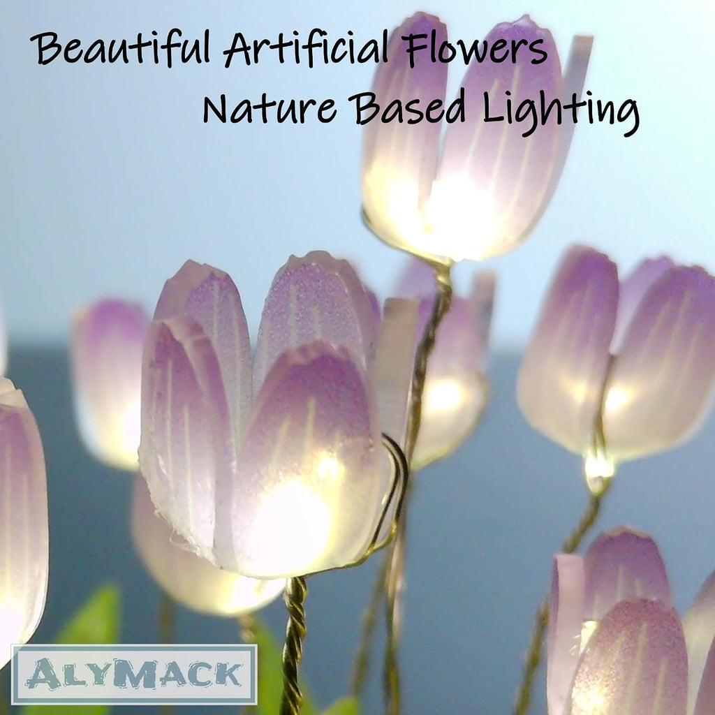 Tulip Lamp Glass Globe - Illuminated Flower Lamp with Glowing Blooms on Wooden Base - Battery-Powered Decorative Night Light for Bedroom, Living Room & Home Decor