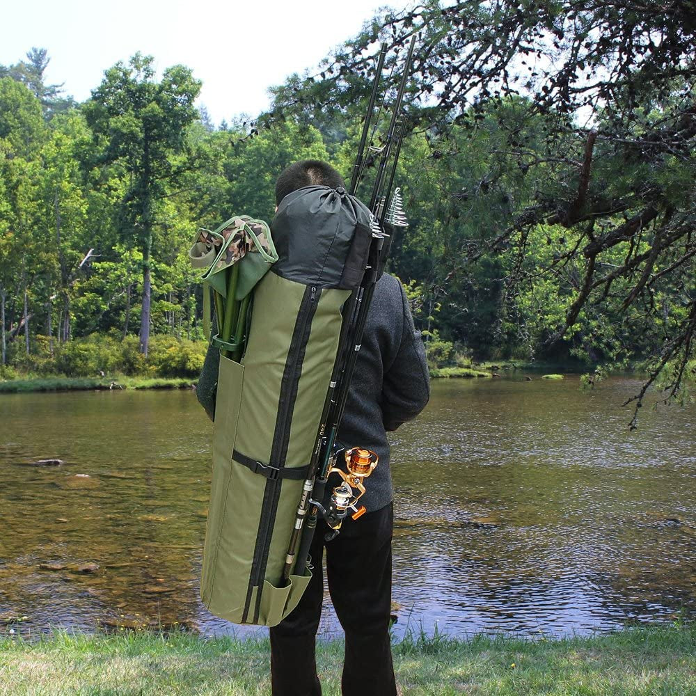 Multifunction Fishing Pole Bag - Waterproof Rod Reel Bag Carrier Case, Durable Canvas Tackle Large Storage Gift for Men Travel, Khaki