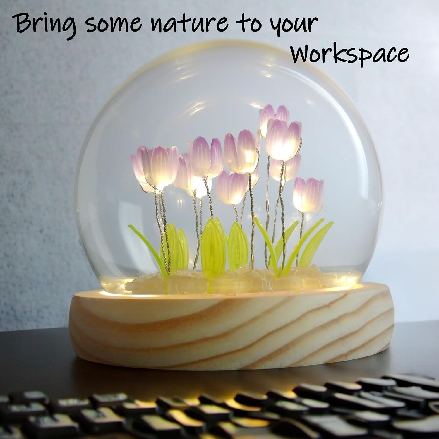 Tulip Lamp Glass Globe - Illuminated Flower Lamp with Glowing Blooms on Wooden Base - Battery-Powered Decorative Night Light for Bedroom, Living Room & Home Decor
