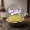 Tulip Lamp Glass Globe - Illuminated Flower Lamp with Glowing Blooms on Wooden Base - Battery-Powered Decorative Night Light for Bedroom, Living Room & Home Decor
