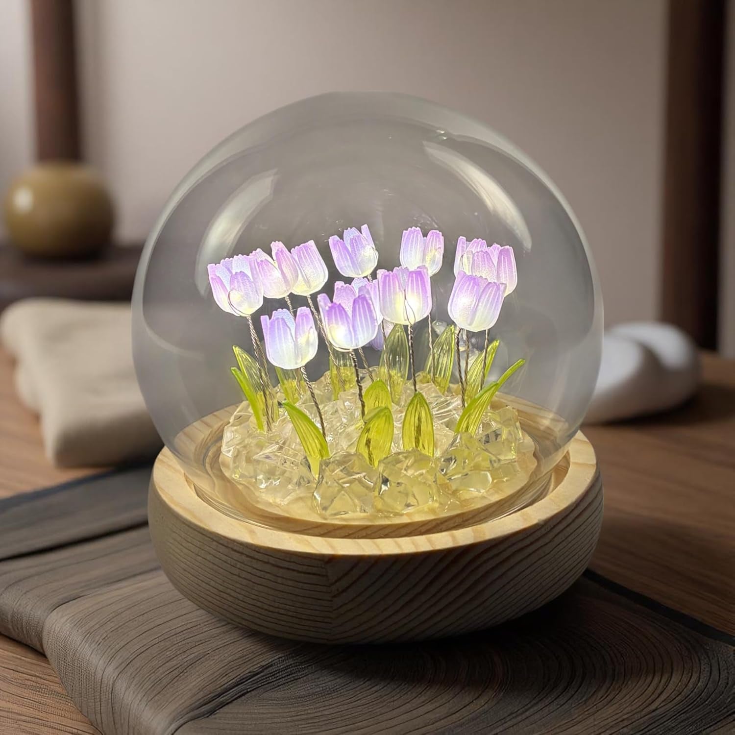 Tulip Lamp Glass Globe - Illuminated Flower Lamp with Glowing Blooms on Wooden Base - Battery-Powered Decorative Night Light for Bedroom, Living Room & Home Decor