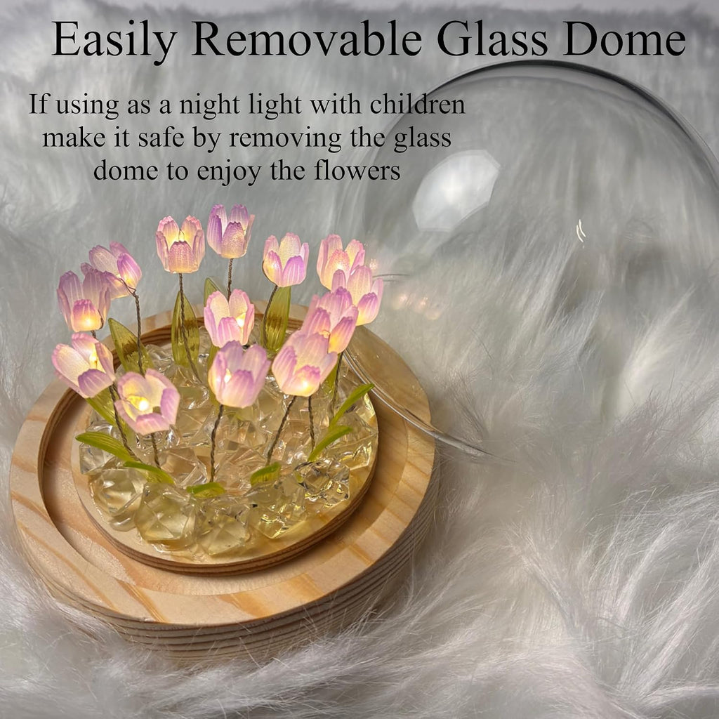 Tulip Lamp Glass Globe - Illuminated Flower Lamp with Glowing Blooms on Wooden Base - Battery-Powered Decorative Night Light for Bedroom, Living Room & Home Decor