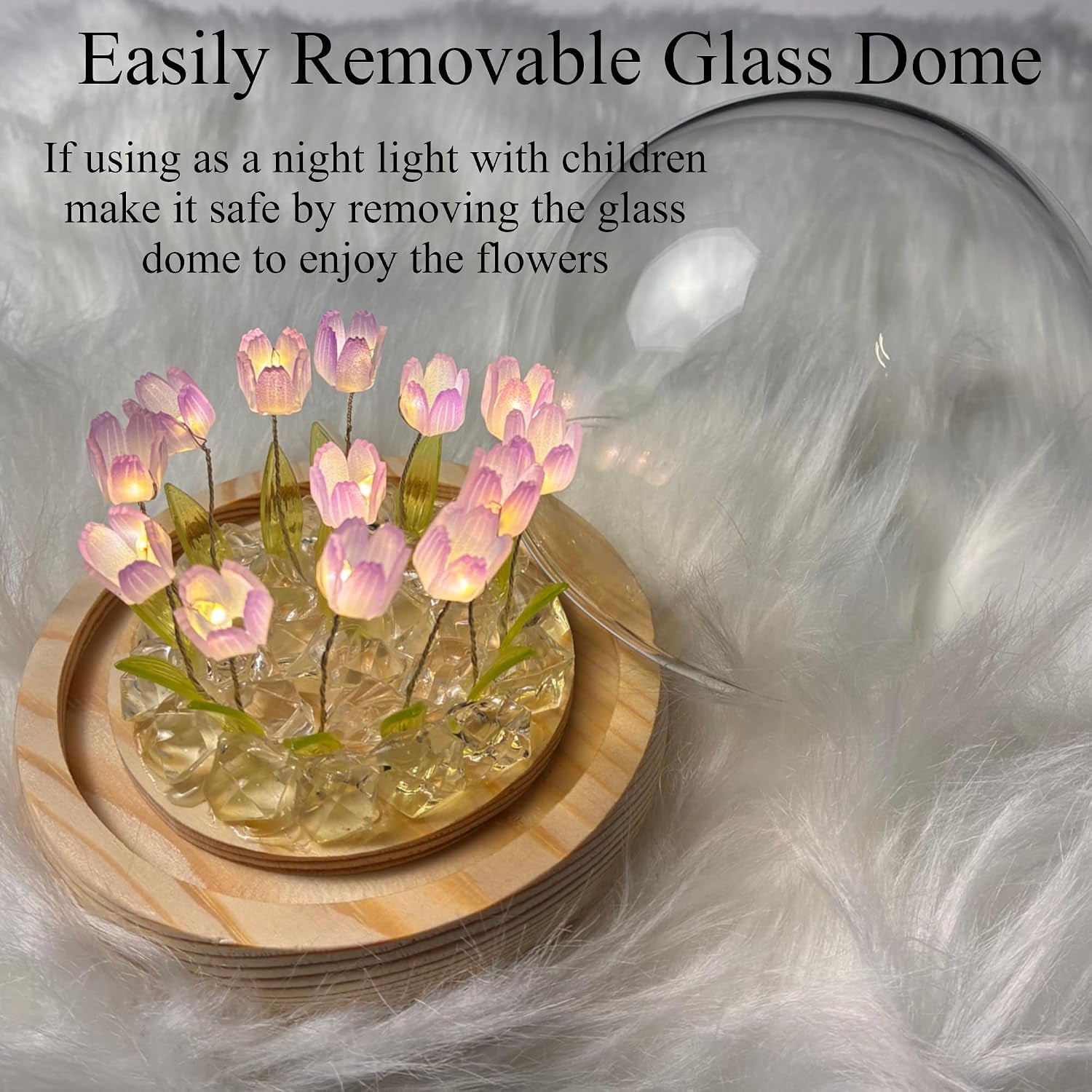 Tulip Lamp Glass Globe - Illuminated Flower Lamp with Glowing Blooms on Wooden Base - Battery-Powered Decorative Night Light for Bedroom, Living Room & Home Decor