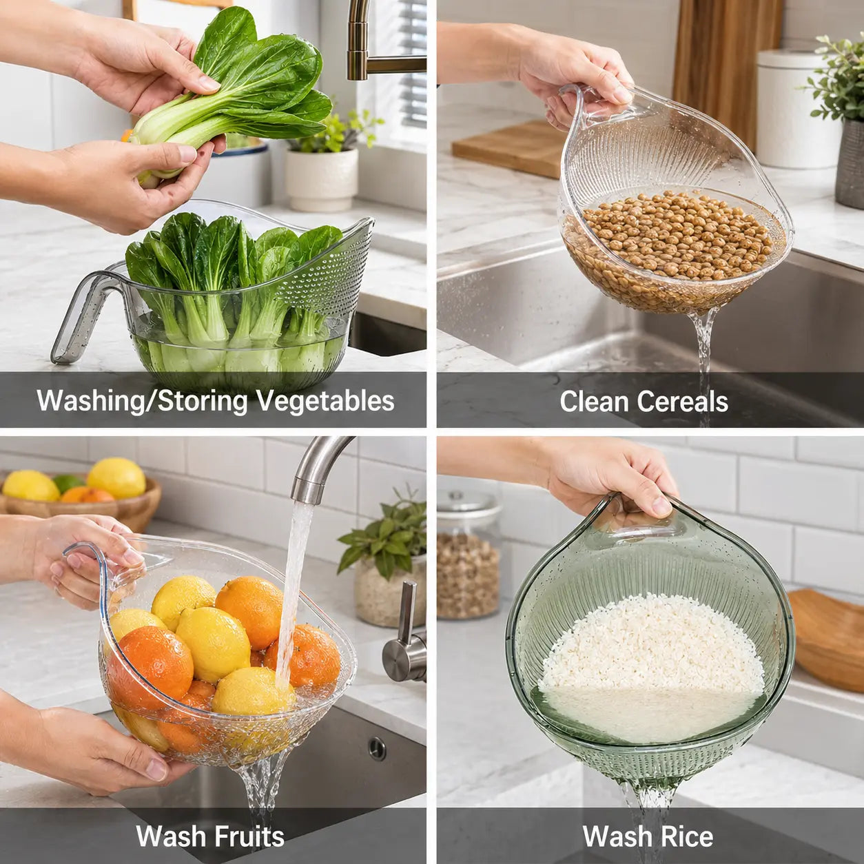 Aesthetic Multifunctional Rice Strainer with Handle - Sturdy Bpa-Free Transparent Plastic Kitchen Utensils, Colander for Draining Vegetables, Fruits, Cheese, Coffee Dispenser Set