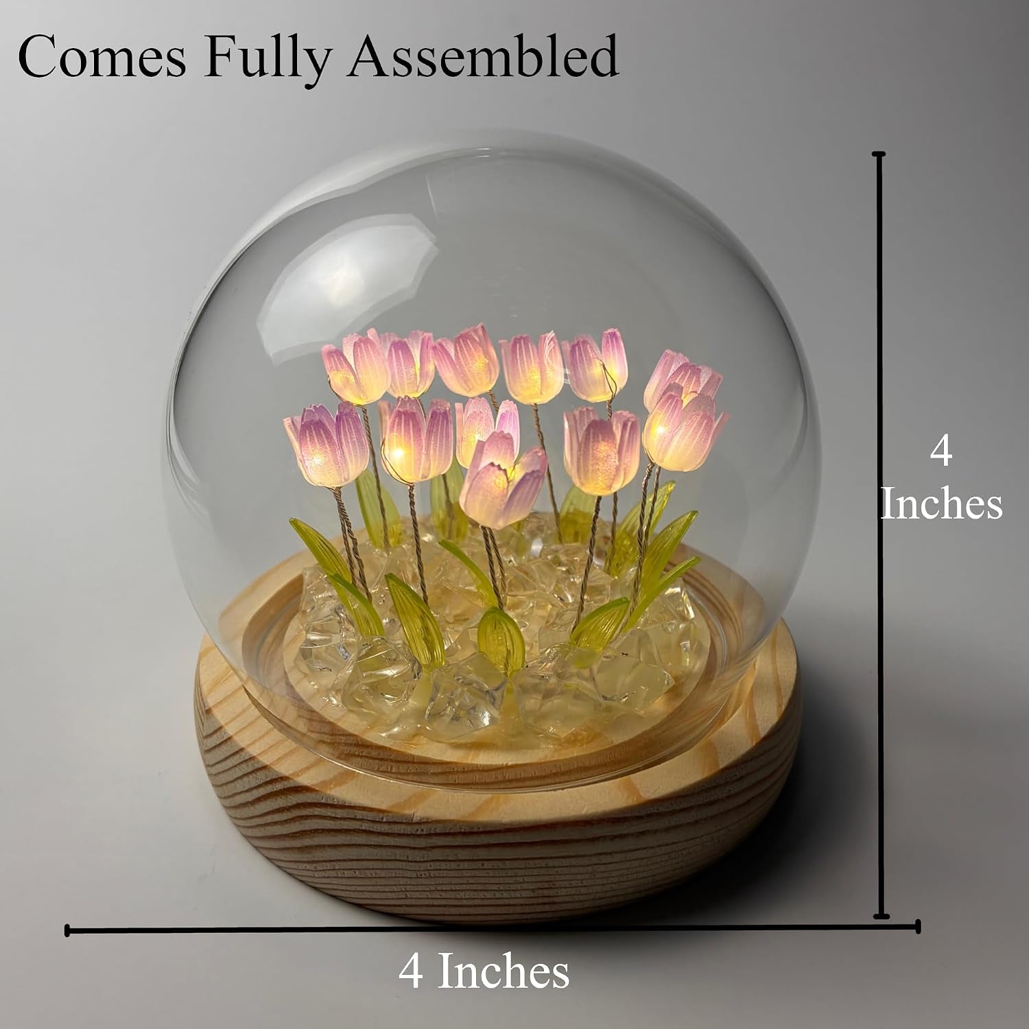 Tulip Lamp Glass Globe - Illuminated Flower Lamp with Glowing Blooms on Wooden Base - Battery-Powered Decorative Night Light for Bedroom, Living Room & Home Decor